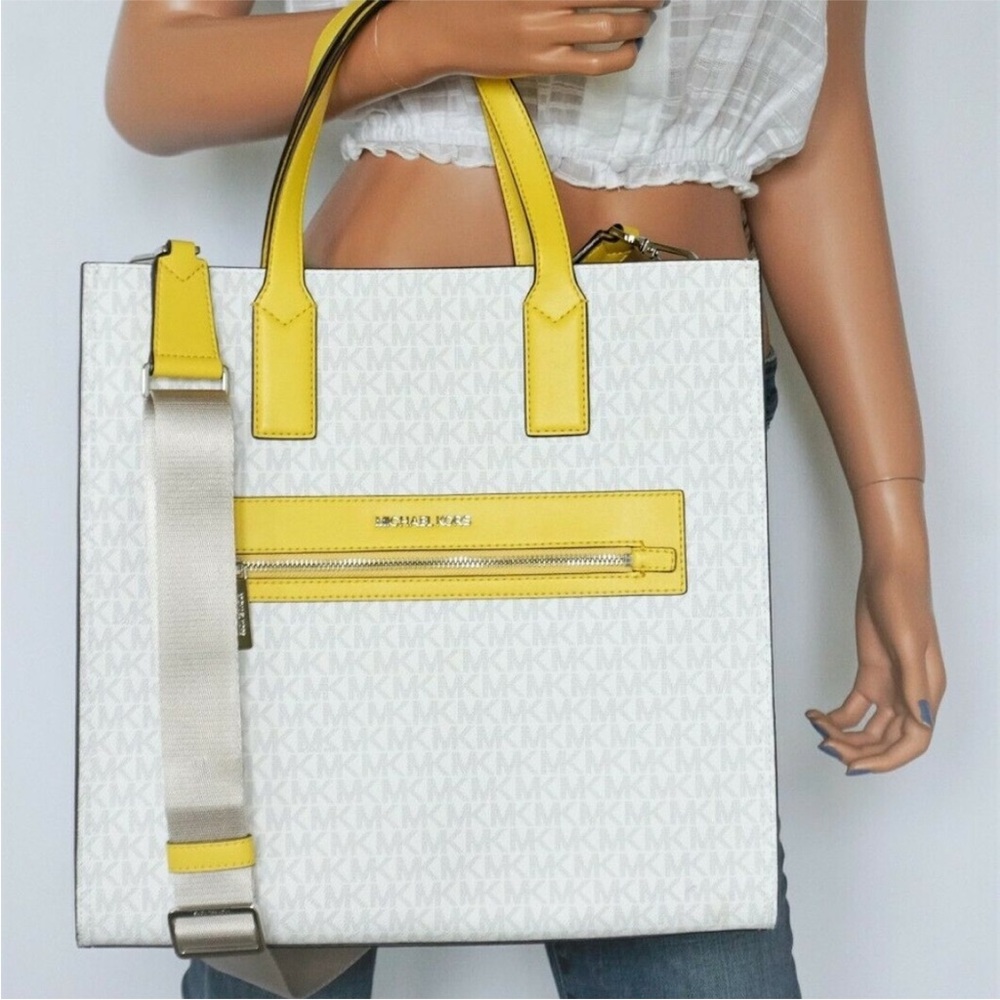 Michael Kors Kenly Large North South Tote White MK Signature Citrus Yellow - Picture 9 of 10